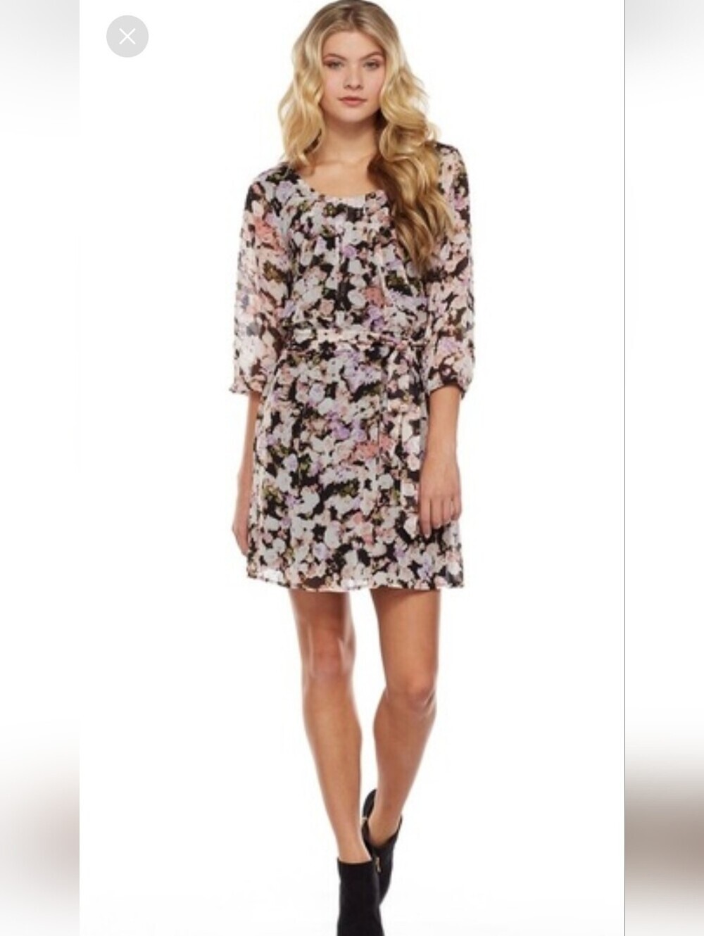 Lily Rose Black Floral Elastic/Tie-Waist Scoop neck Puff Sleeves Mini Dress
